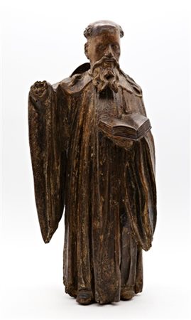 Scultore del secolo XVII, figura di santo monaco, legno intagliato con tracce d