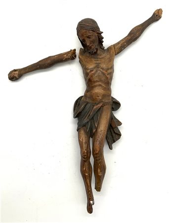 Crocefisso in legno intagliato con tracce di policromia, secolo XIX (cm 34x26)