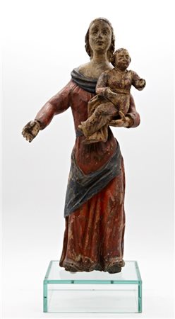 Scultore del secolo XVIII, Madonna con Bambino, legno intagliato e dipinto; bas