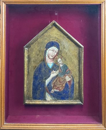 Ignoto, Madonna con Bambino, tecnica mista su tavola cuspidata (cm 31x21) entro