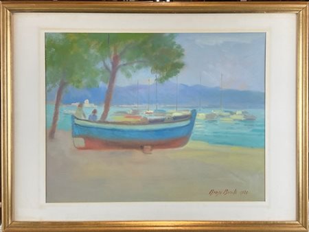 Renzo Barilli "Barca in rimessaggio" 1984, olio su compensato (cm 29x37,5) firma