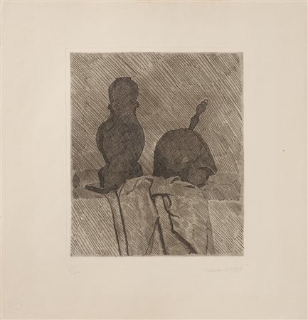 MORANDI GIORGIO (1890 - 1964) - NATURA MORTA CON DUE OGGETTI E UN DRAPPO SU UN TAVOLO (I STATO), 1929.