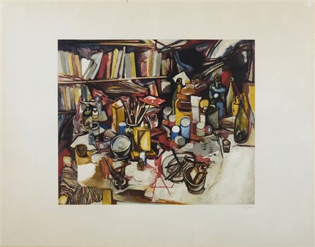 GUTTUSO RENATO (1912 - 1987) - NATURA MORTA E LIBRERIA, 1986.