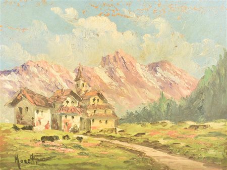 Moretti DOLOMITI PASSO GARDENA olio su masonite, cm 30x40 firma L'opera...