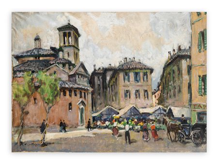 CIRANO CASTELFRANCHI (1912-1973) - Vecchia Milano. Il Mercato vicino Chiesa S. Nazaro in Corso Roma, 1955