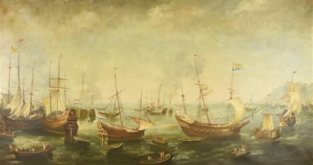 Da Cornelis Claesz BATTAGLIA NAVALE copia dall'antico su tela, cm 70x140...