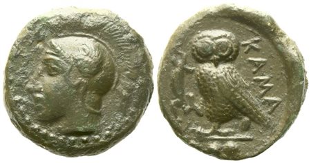 Sicily, Kamarina (c. 410-405 BC), Tetras; Æ (3,26 g; 14,7 mm)