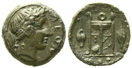 Sicily, Leontinoi (c. 405-402 BC), Tetras; Æ (1,81 g; 13,5 mm)