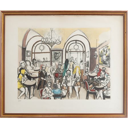 RENATO GUTTUSO, Al cafè, Incisione a colori