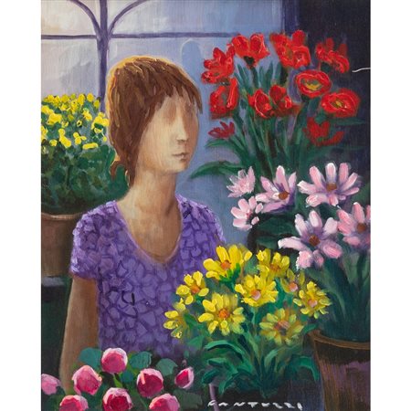 ELIANO FANTUZZI, Figura femminile e fiori, Olio su tela