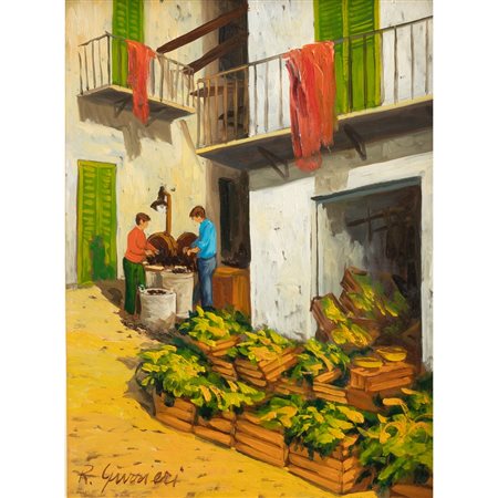 RODOLFO GURRIERI, Mercato della Vucciria, Olio su masonite