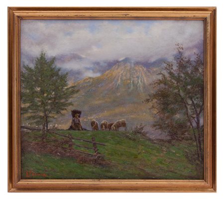 Emilio Parma Monza 1874 -1950, Paesaggio montano con Pastorella