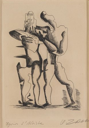 Ossip Zadkine (Smolensk 1890 - Parigi 1967), “Hauteurs inimaginables ou l’homme combat” da “Sept Calligrammes d’Apollinaire”, 1967.