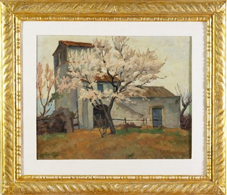 Giuseppe Malagodi (Cento 1890 – Roma 1968), “Paesaggio con casa e pesco”.