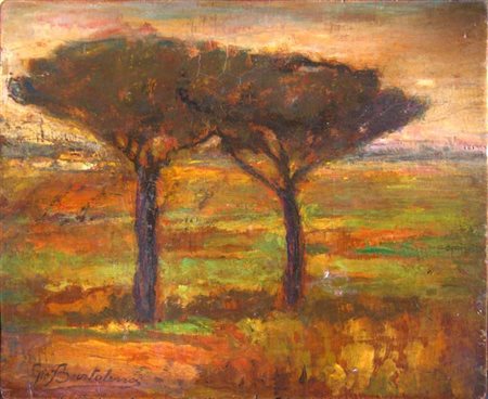 Giovanni Bartolena (Livorno, 1866 - 1942). Paesaggio con due pini marittimi.