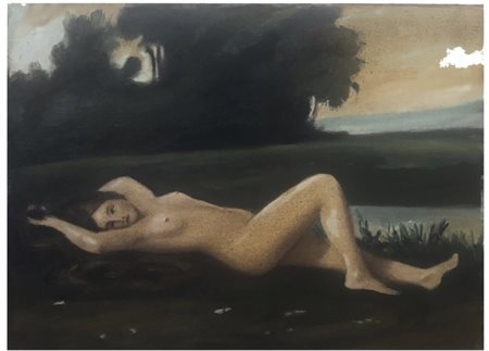 Pittore del XX secolo. Nudo disteso di figura femminine en plein air. 