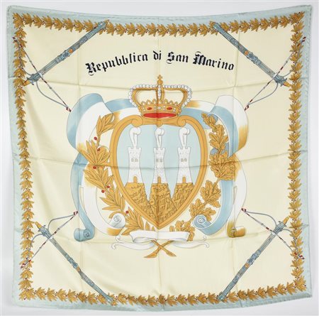 FOULARD DESCRIPTION: Silk scarf depicting the coat of arms of the Republic of...