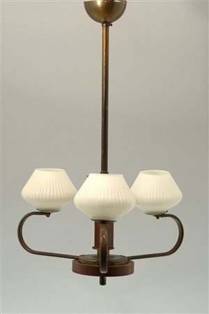 A wood, metal and glass chandelier A three-light chandelier,&nbsp;Italy 1930A...