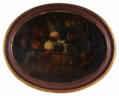 Scuola degli inizi del XX secolo CANESTRA CON FIORI olio su tavola, cm 43,5x56,6