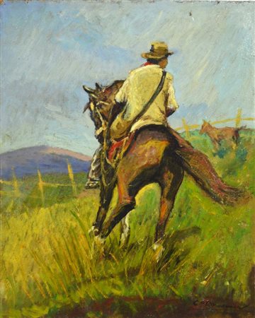 Carlo Domenici BUTTERO A CAVALLO olio su faesite, cm 30,5x25 firma