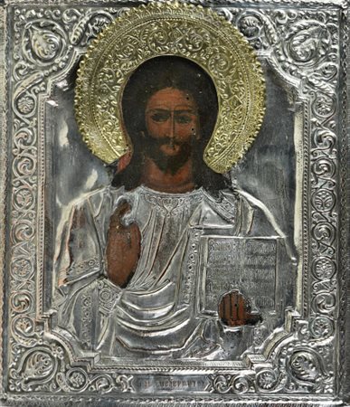 ICONA CON CRISTO PANTOCRATOR, sec. XIX tempera su tavola con riza in argento...