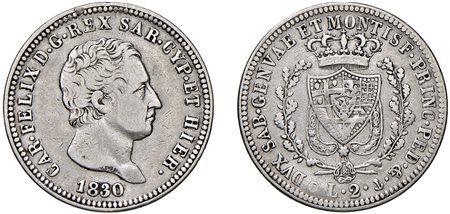 CARLO FELICE (1821-1831) - 2 lire 1830, Genova