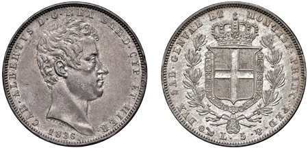 CARLO ALBERTO (1831-1849) - 5 lire 1836, Genova