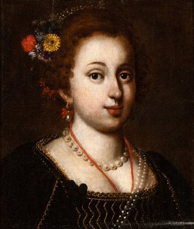 Ritratto di giovinetta con perle e fiori tra i capelli