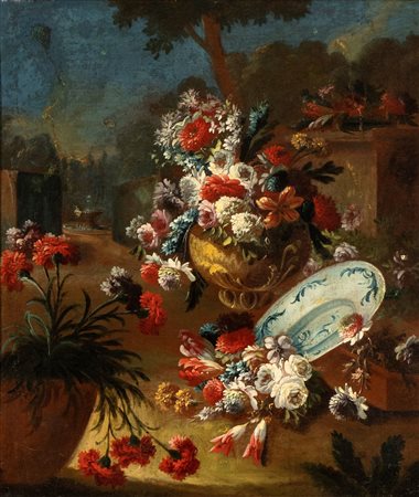 Vasi di fiori e vasellame in un paesaggio