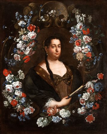 Ritratto di dama con ventaglio entro ghirlanda di fiori