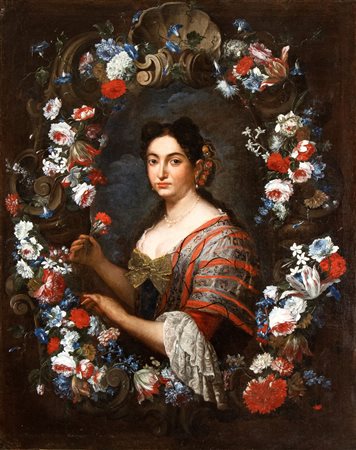 Ritratto di dama con garofano entro ghirlanda di fiori