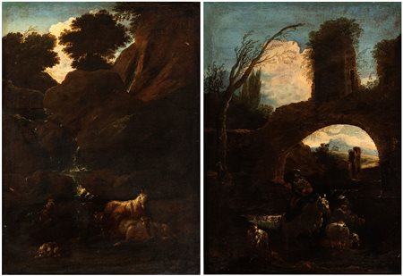 a) Paesaggio con arco in rovina, pastore e armenti; b) paesaggio con corso d'acqua, pastore e armenti. Coppia di dipinti