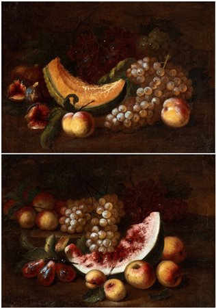 a) Natura morta di melone, fichi, uva e pesche; b) natura morta di cocomero, mele, uva e pere. Coppia di dipinti