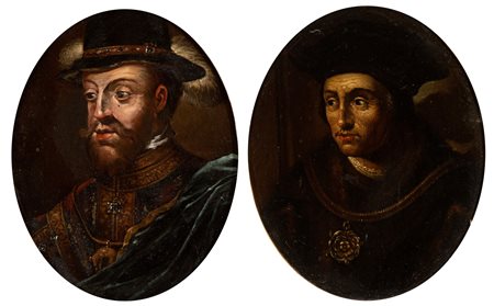 a) Ritratto virile con cappello e piuma; b) ritratto virile con cappello, collana e medaglione. Coppia di dipinti