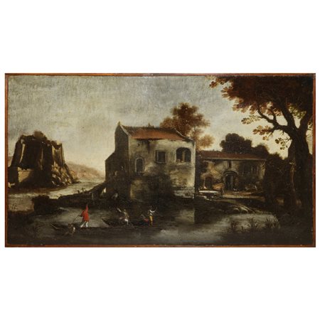 Paesaggio fluviale con barche con pescatori e costruzioni, 18° secolo Venetian painter