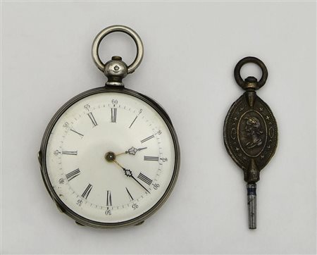 Orologio da tasca con chiave, Francia, primi '900, argento 800/1000 CASSA: in...