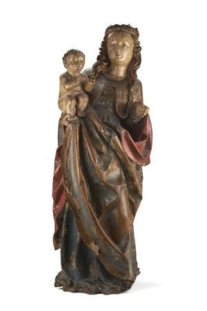 Scultore tedesco (Baviera ?) inizi del secolo XVI. "Madonna con Bambino" in leg