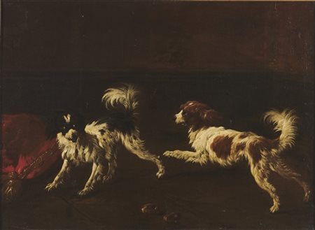 Scuola del secolo XVIII

"Cani in un interno"
olio su tela (cm 29x94)
(difetti