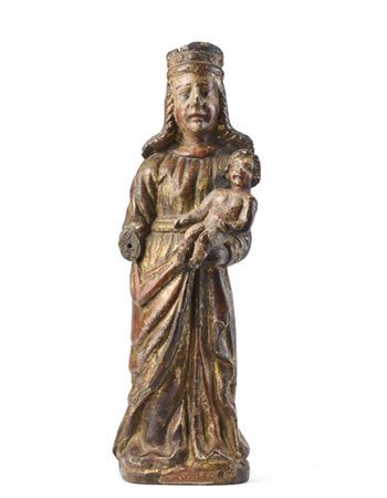 Scultore del secolo XVIII. "Madonna con Bambino" in legno intagliato, laccato e