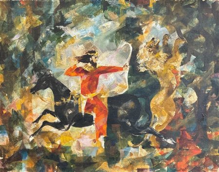 Maroun Hakim - Cavaliere olio su tela 53,5 x 45,5 cm Firmato in basso a destra.