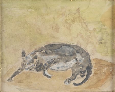 Orfeo Tamburi - Gatto 1935 tecnica mista su carta applicata su tela 21 x26,5...