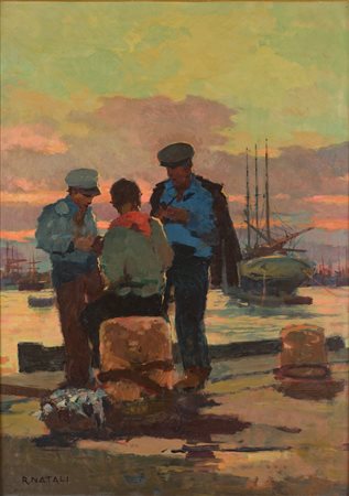 Renato Natali - Marinai olio su compensato 71 x 49,5 cm Firmato in basso...