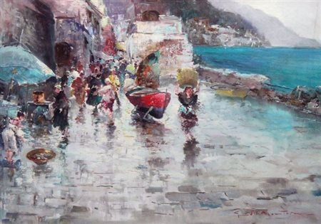 MANTOVANI GUIDO 1916 - ? "Scorcio marinaro" 50x70 olio su tela Opera firmata...