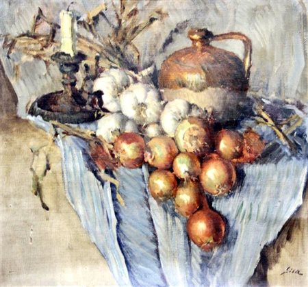 LISA MARIO Torino 1908 - 1992 "Natura morta con cipolle" 52x58 olio su tela...