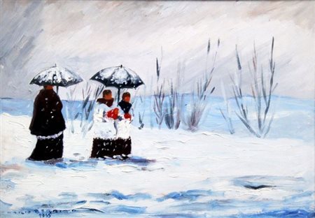 BERRINO MARIO Alassio (SV) 1920 - 2011 "Sotto la neve" 1965 50x70 olio su...