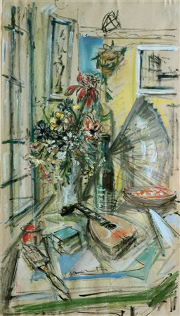 BONFANTINI SERGIO Novara 1910 - 1989 "Interno con fiori e mandolino" 62x35...