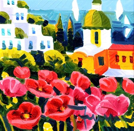 FACCINCANI ATHOS Peschiera del Garda 1951 "Positano con papaveri" 20x20 olio...