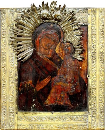 ICONA "Madonna con Bambino" Russia, XIX secolo 33x26,5 icona, tempera su...