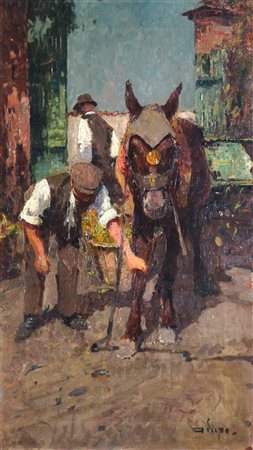 LUPO ALESSANDRO Torino 1876 - 1953 "Al mercato: contadino con cavallo" 70x40...