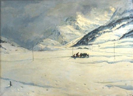 MUSSO CARLO Balangero (TO) 1907 - 1968 "Paesaggio alpino innevato con figure"...